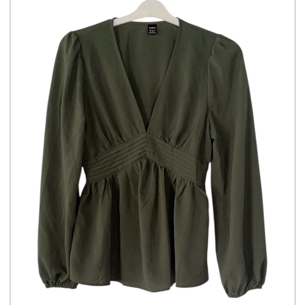 SHEIN Olive Green V-Neck Blouse Long Sleeve NWOT